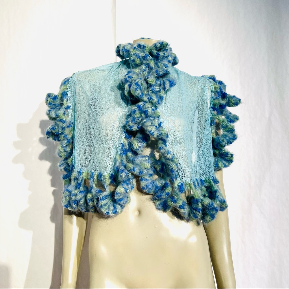 Roman Keflay Hand Crochet Lace & Mohair Shawl Cape/Scarf